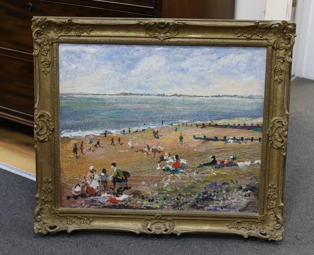 Modern British, oil on board, Figures at the seaside, 49 x 59cm